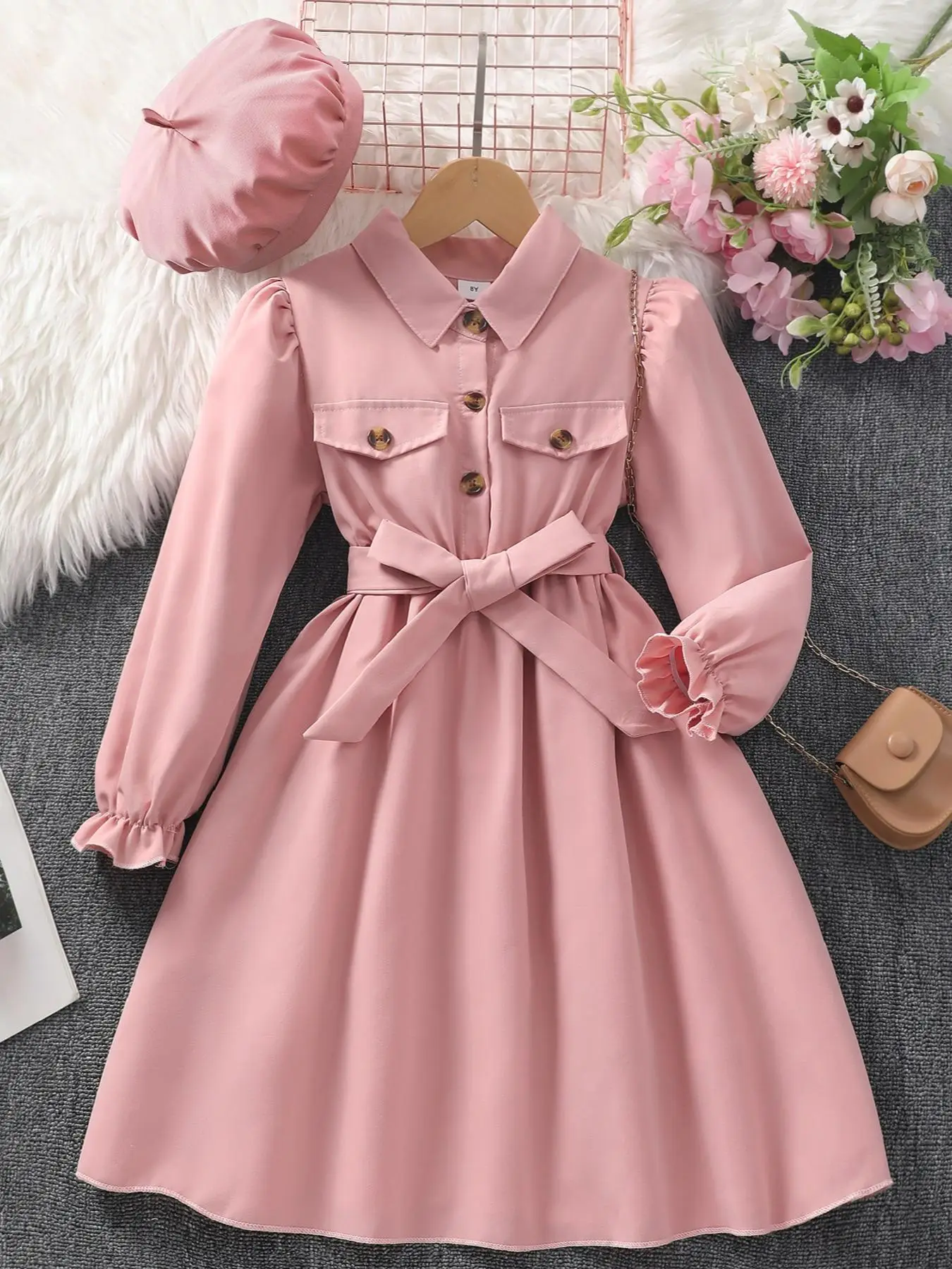 Girl's Solid Button Front Belted Shirt Dress with Hat, Casual Flounce Sleeve Collar Long Sleeve Dress for Fall & Winter, Kids Clothes for Daily Wear