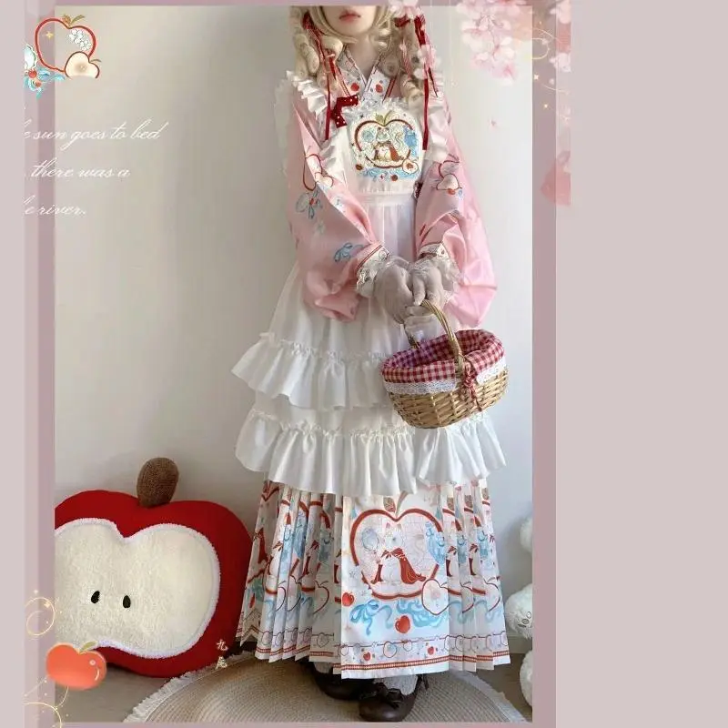 Women's Lady Original Vintage Lolita Chinese Hanfu 2-Piece Dress Set, Sweet Cartoon Embroidery, Ruffles, Elegant Party Princess Clothing