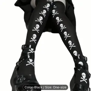 Black Skeleton Knee-High Stockings with White Skull and Crossbones Design One-Size Fits All