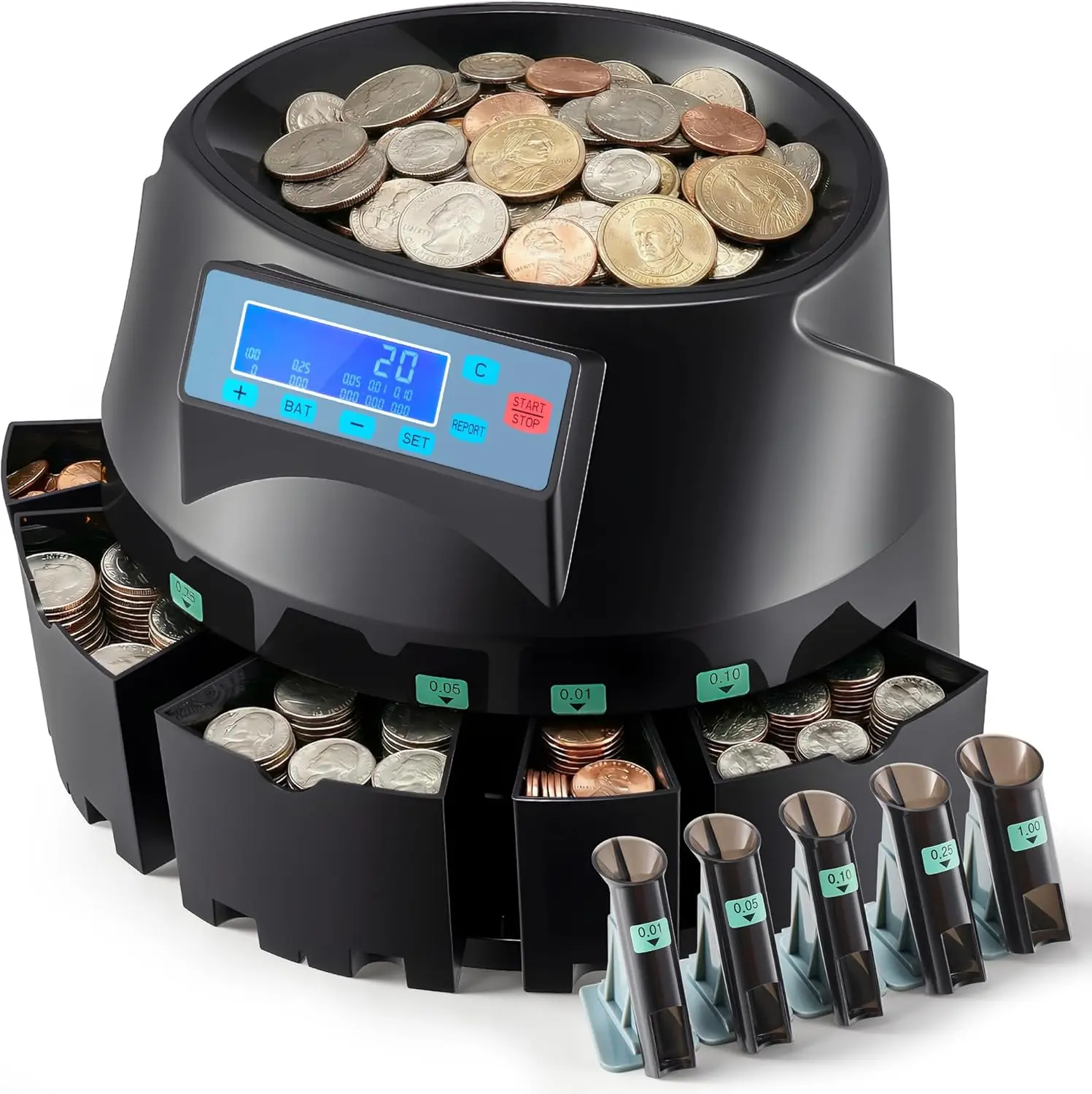 VEVOR USD Compact High-Speed Coin Counter & Sorter Machine with LCD Display, Precise Counting into Wrappers (300/min), 5 Bins & 5 Tubes (Accounting Office Supplies)