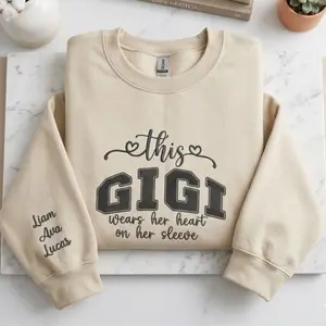 Custom Embroidered This Gigi Wears Her Heart on Her Sleeve Sweatshirt with Kids Name on Sleeve, Mother's Day Gift, Gifts for Grandma Mimi Gigi