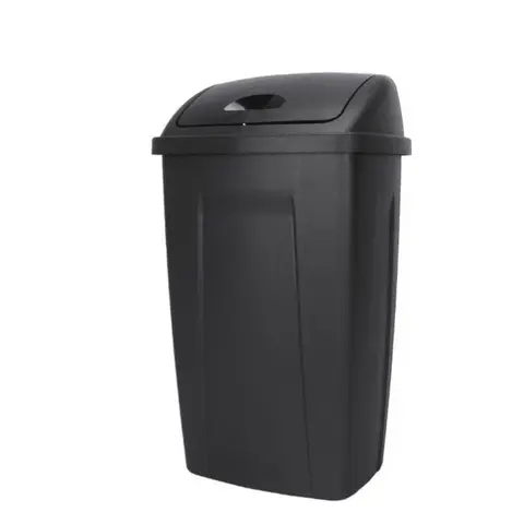Household 13-Gallon Plastic Swing-Top Kitchen Trash Can, Black, Compact Fit, Hands-Free, Easy to Clean, Odor Containment Garbage Bin for Home Use