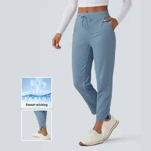 Halara Mid Rise Drawstring Curved Hem Quick Dry Golf Tapered Pants with Pockets-UPF40+