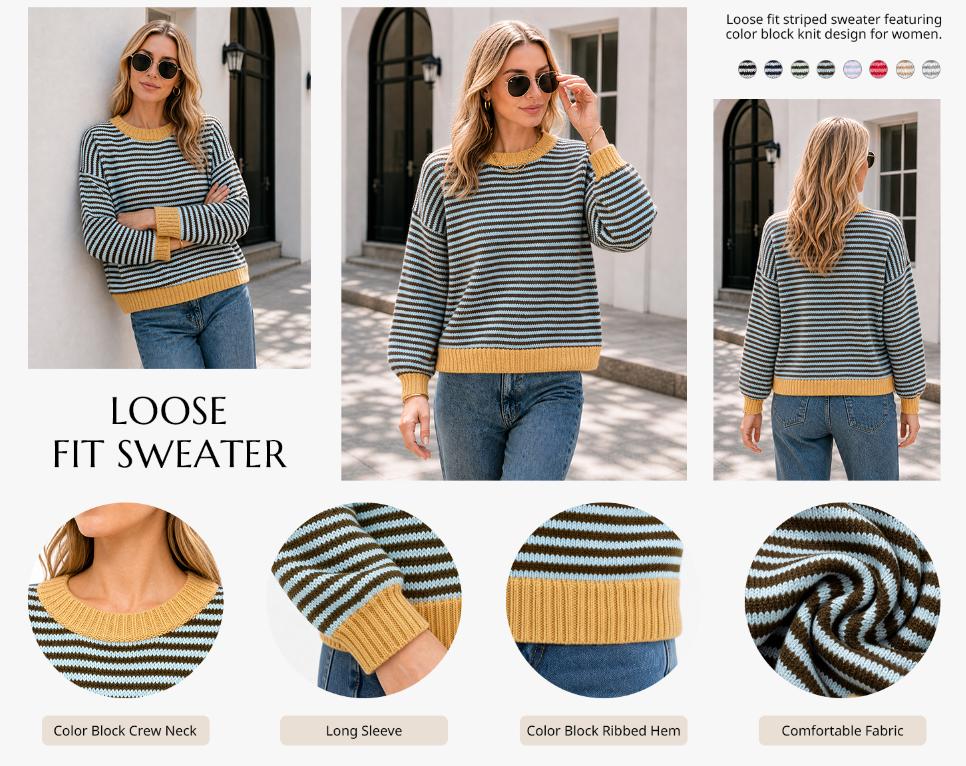 Cicy Bell Womens Striped Sweater Casual Loose Fit Color Block Knit Pullover Sweaters Crewneck Long Sleeve Tops