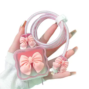 DIY Cable Protector Charger Wire Saver, 5 in 1 Data Cable 18W/20W USB-C Charger Case Line Cord Protector Compatible with iPhone 11 12 13 14 15 Pro Max - Excluding Charger and Cable (Pink Bow) Charging Silicone