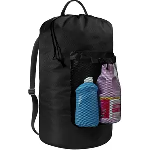 Laundry Bag with Shoulder Straps and Mesh Pocket Laundry Backpack Large Portable Laundry Hamper for College Travel, Laundromat, Apartment (Black)