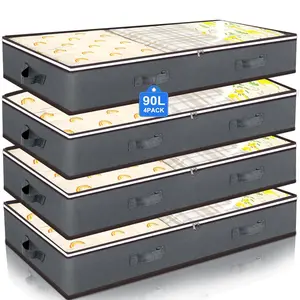 90L Under Bed Storage Containers, Closet Organizers and Storage Bins, Foldable Underbed Storage Bags for Linen Sheets, Blanket, Clothing, Comforter, Sweaters, Pillows, Wrapping Paper Dual Zippers, & Clear Top