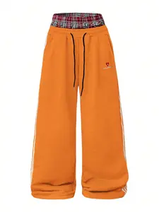American Retro Style Two-Layer Waist Wide Leg Sweatpants, Plaid Patched Waist with Side Stripes, Trendy and Slimming, Streetwear