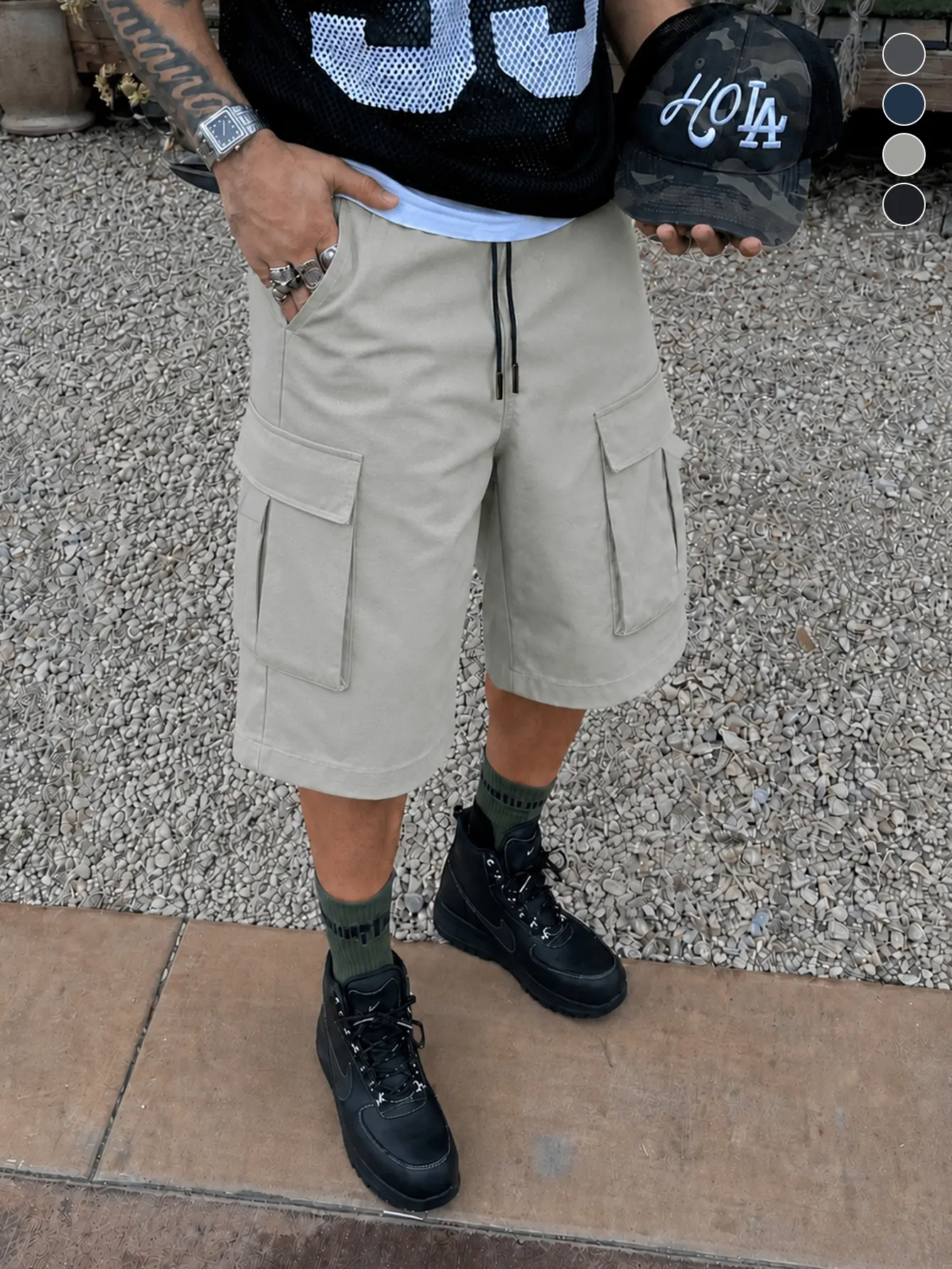 Men’s beige cargo shorts with multiple pockets, drawstring, casual street style, knee-length/mid-thigh length—designed for comfortable wear during commuting, weekends, and all day.