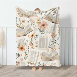 Vintage Flannel Library Blanket with Boho Wildflowers Print, Cottagecore Book Lover Gift for Readers, Librarian Present, 280GSM Cozy Throw