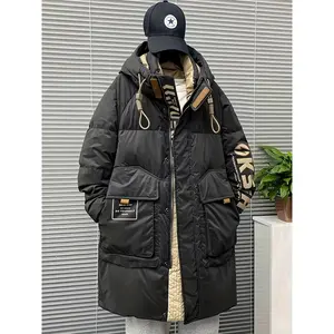Bmuvlss Men's Long Winter Parka - Thick Puffer Jacket with Hood, Zippered Front, and Multiple Pockets, Black & Beige Design, Casual Outdoor Style, Cold Weather Apparel |   Trendy Parka |   Functional Pockets, Winter Clothes