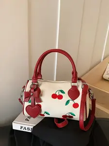 1pc Ladies' fashionable, simple and casual cherry patterned handbag for daily commuting, shopping and dating, versatile for spring and summer, Boston bag with detachable shoulder strap, a must-have for ladies