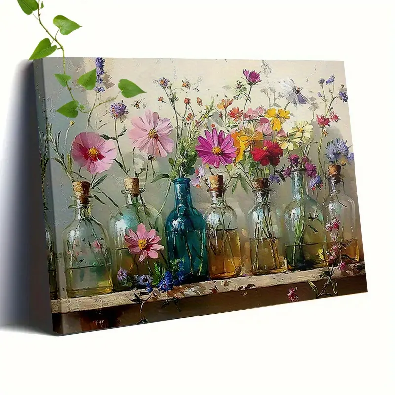 One large framed canvas oil painting - Vintage glass bottle with wildflowers (pink, yellow, blue, white, green, brown) - Country style large-size wall art with edged frame (11.8 x 15.7 inches / 15.7 x 23.6 inches) - Soft tones, realistic floral decoration