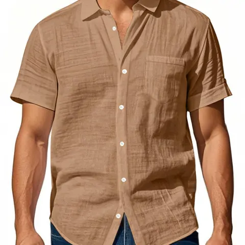 Men's Solid Color Linen Shirt, Loose Casual Button Collared Short Sleeve Pocket Shirt for Summer, Men's Top for Daily Wear, Tropical, Breathable Shirt