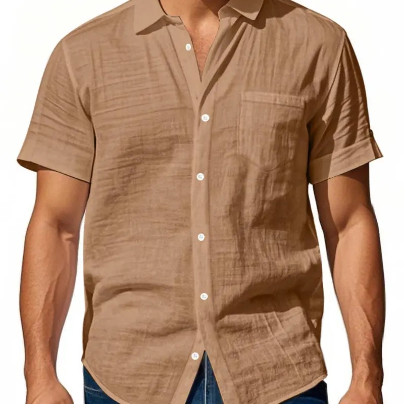 Men's Solid Color Linen Shirt, Loose Casual Button Collared Short Sleeve Pocket Shirt for Summer, Men's Top for Daily Wear, Tropical, Breathable Shirt