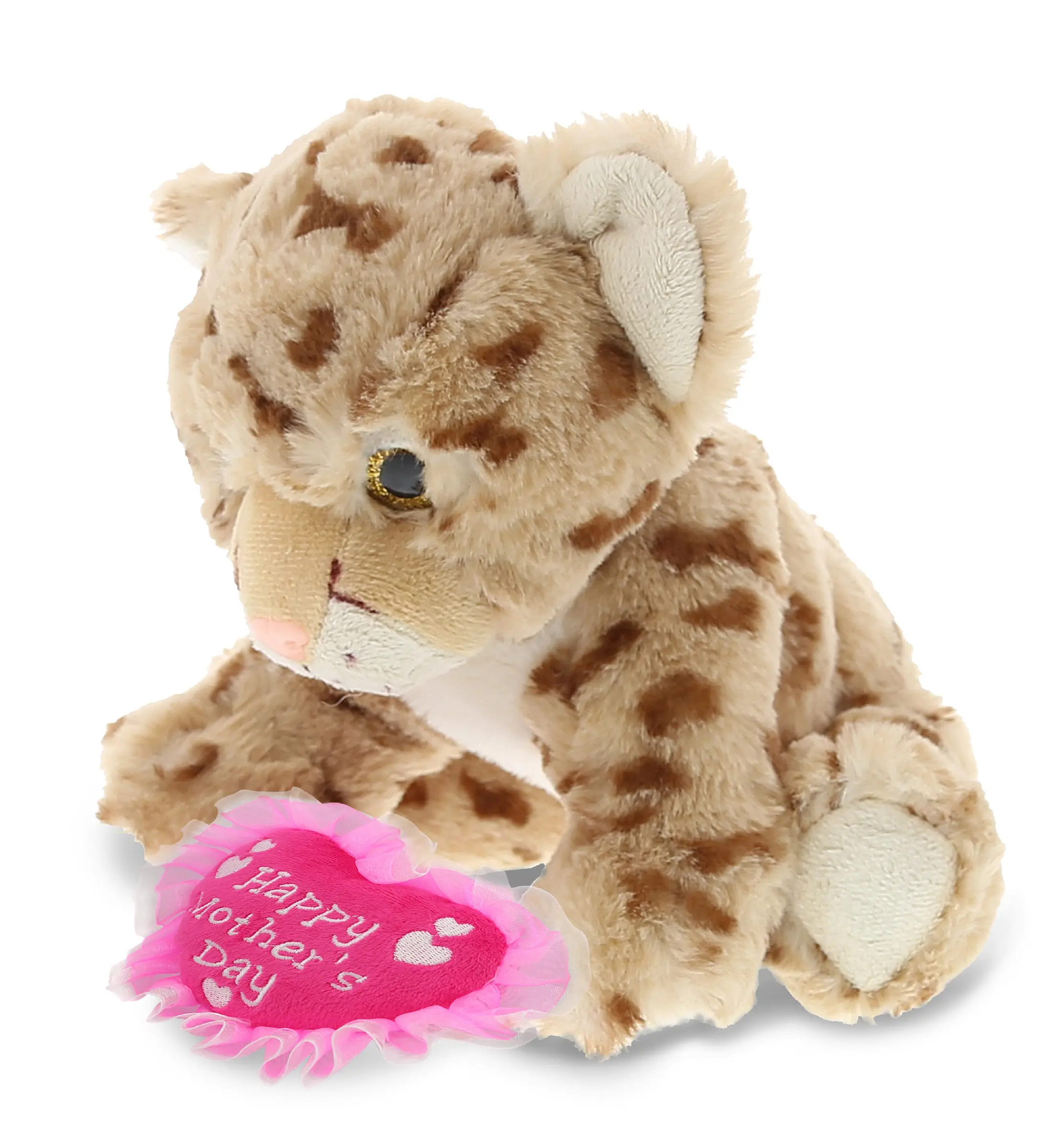 DOLLIBU 8.5 in Soft Stuffed Animal - Durable Polyester Embroidery Squat Cheetah Plush Heart Toy, Animal Shaped Stuffed Toy for Bedroom, Happy Mother's Day Gift