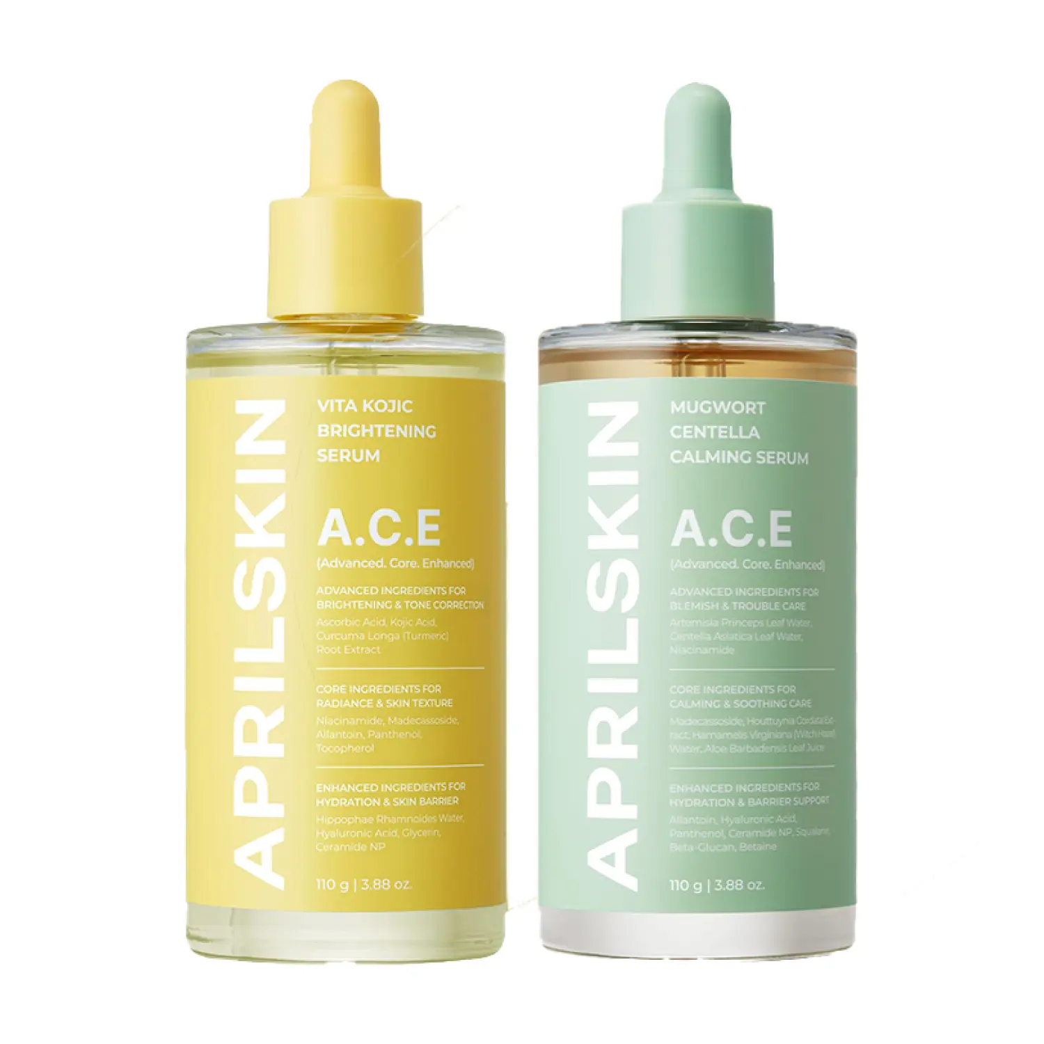 [APRILSKIN Official] [NEW] A.C.E. 3-SECOND Soothing & Brightening Serum Duo: Mugwort Centella Serum & Vita Kojic Serum | Mugwort + Centella Dual Calming | Vitamin C + Kojic Complex