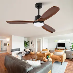 52" Wood Ceiling Fan with Lights Remote Control,Quiet DC Motor 3 Blade Ceiling Fans for Patio Living Room, Bedroom, Office,Indoor Outdoor(Black+Dark Walnut)