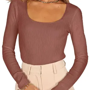 Women's Super Soft Stretchy Ribbed Knit Sweater Square Neck Long Sleeve Slim Fitted Tunic Top for Fall Winter Essential Casual Outfit