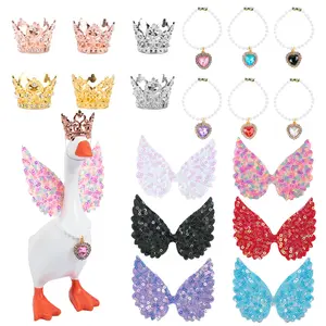 6 Set 7 inch Desk Goose Outfits, Desk Goose Accessories - Mini Chain Collar, Crown&Glitter Angel Wings, Mini Goose Clothes for Magnetic Goose Key Holder Duck Statue, Valentine Decor Gifts