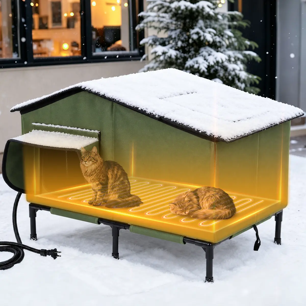 Heated Cat House Outdoor, Waterproof Large Insulated Winter Cat Shelter with Heating Pad for Multiple Cats Small Animals, Elevated Base, Escape Door & Roof Window