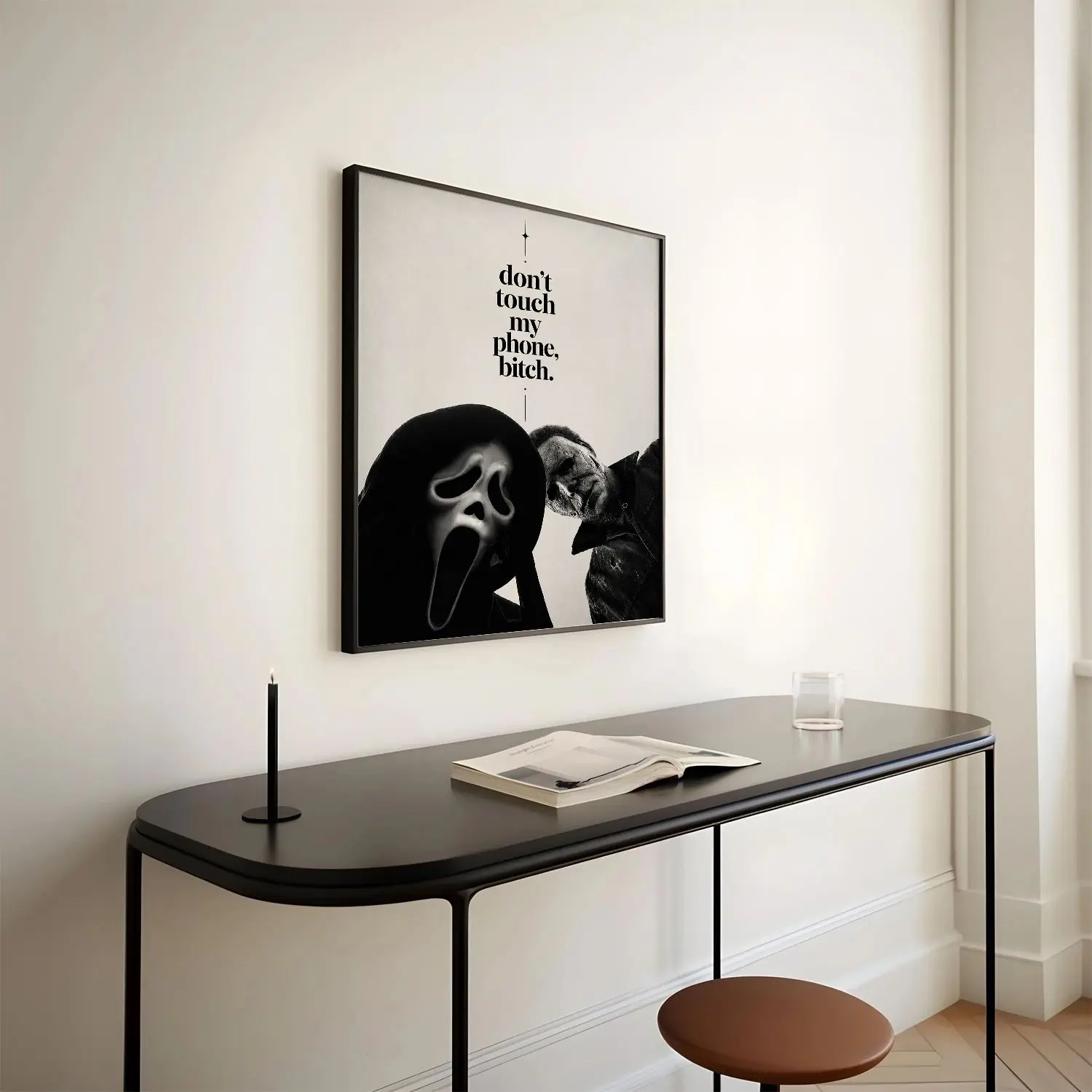 [25% OFF] [UNFRAMED] Horror Duo Phone Warning Poster, Funny Spooky Wall Art, Black and White Gothic Print, Halloween Room Decor