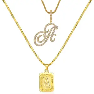 Fantasticmiya Elegant Floral Initial Necklace & Rectangular Tag Set 20'' + 24'' Stainless Steel Alphabet Jewelry Gift Pack for Men Women Chain