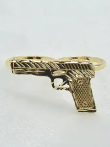 14k Gun Shape Nugget Ring, Unisex Two-Finger Band, Party Music Festival Accessory, Streetwear Jewelry