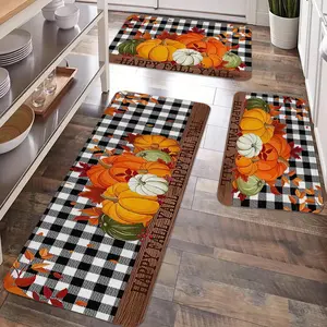 2/3pcs Autumn Thanksgiving Watercolor Pumpkin Kitchen Floor Mat Carpet, Buffalo Grid Pumpkin Anti slip Floor Mat, Home Decoration Kitchen, Sink, Entrance Door, Laundry Room, Bathroom, Living Room, Room Decoration Floor Mat, Home Decorative Rug