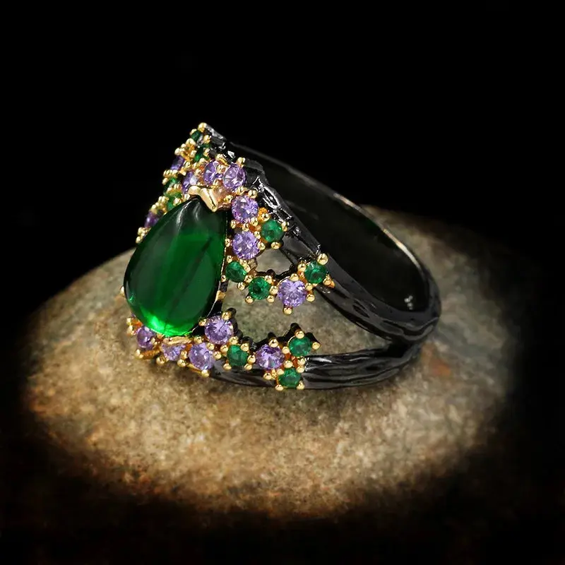 Antique Gold Plated Geometric Gemstone Cluster Ring Trendy Women's Daily Jewelry