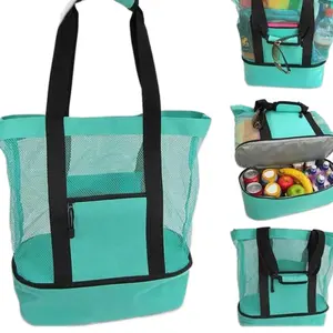 Large Capacity Waterproof Mesh Tote Bag with Cooler Pocket for Outdoor Activities