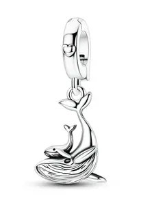 Silver Color Humpback Whale Clasp Pendant, Suitable for 3mm Bracelets and Necklaces, DIY Bead Jewelry, Elegant Gift for Women, Heart Design Charm