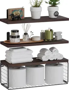 3+1 Tier Wall Mounted Floating Shelves with Metal Frame, Bathroom Shelves Over Toilet Towel Bar for Bathroom, Living room, Bedroom,Kitchen, Balcony, Floating Shelf with Wire Basket for Wall Décor-Rustic Wood Brown