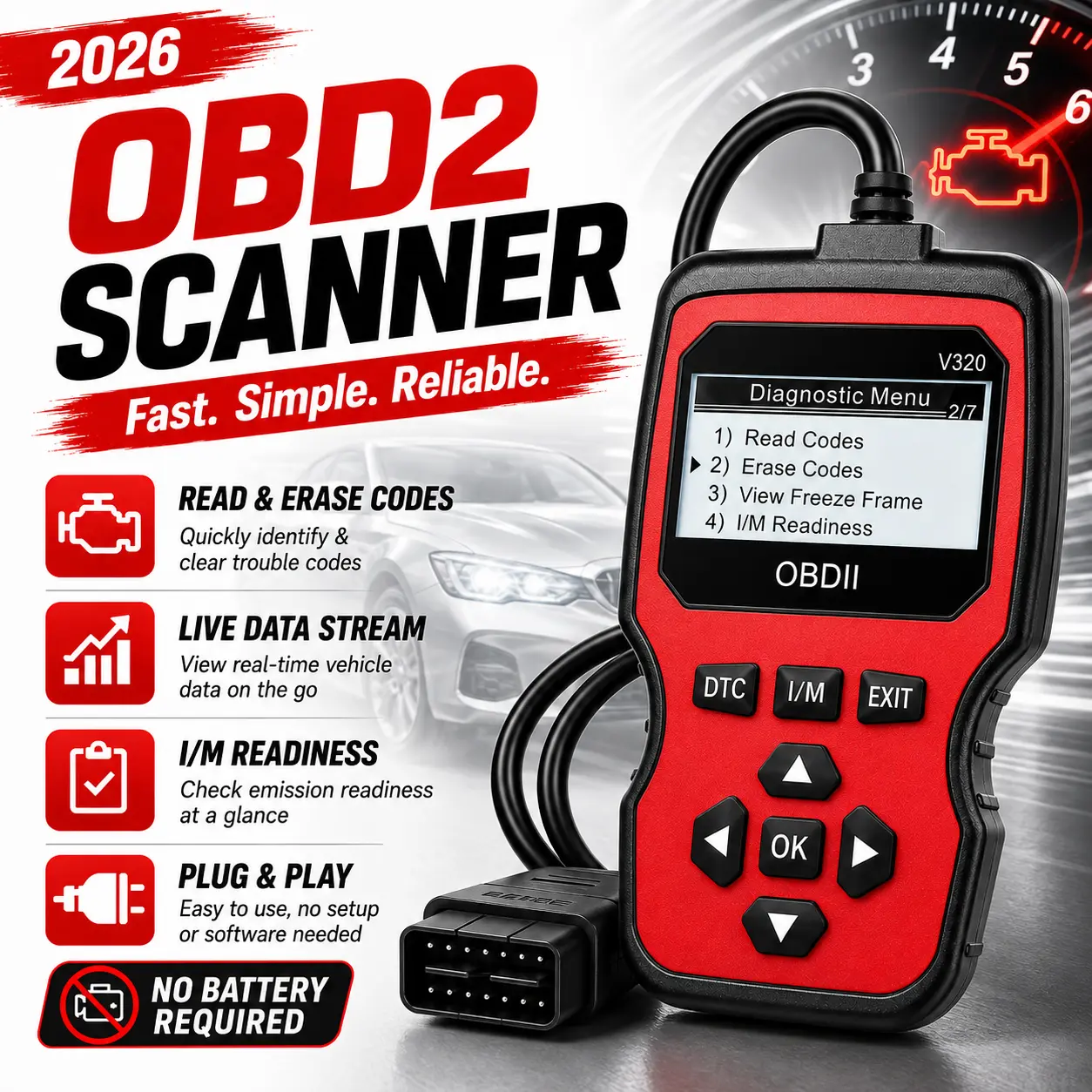 V320 OBD2 Scanner Code Reader, automotive engine diagnostic tool with code reading and clearing, live data, freeze frame, I/M readiness, and DTC lookup for most 12V OBDII/EOBD vehicles
