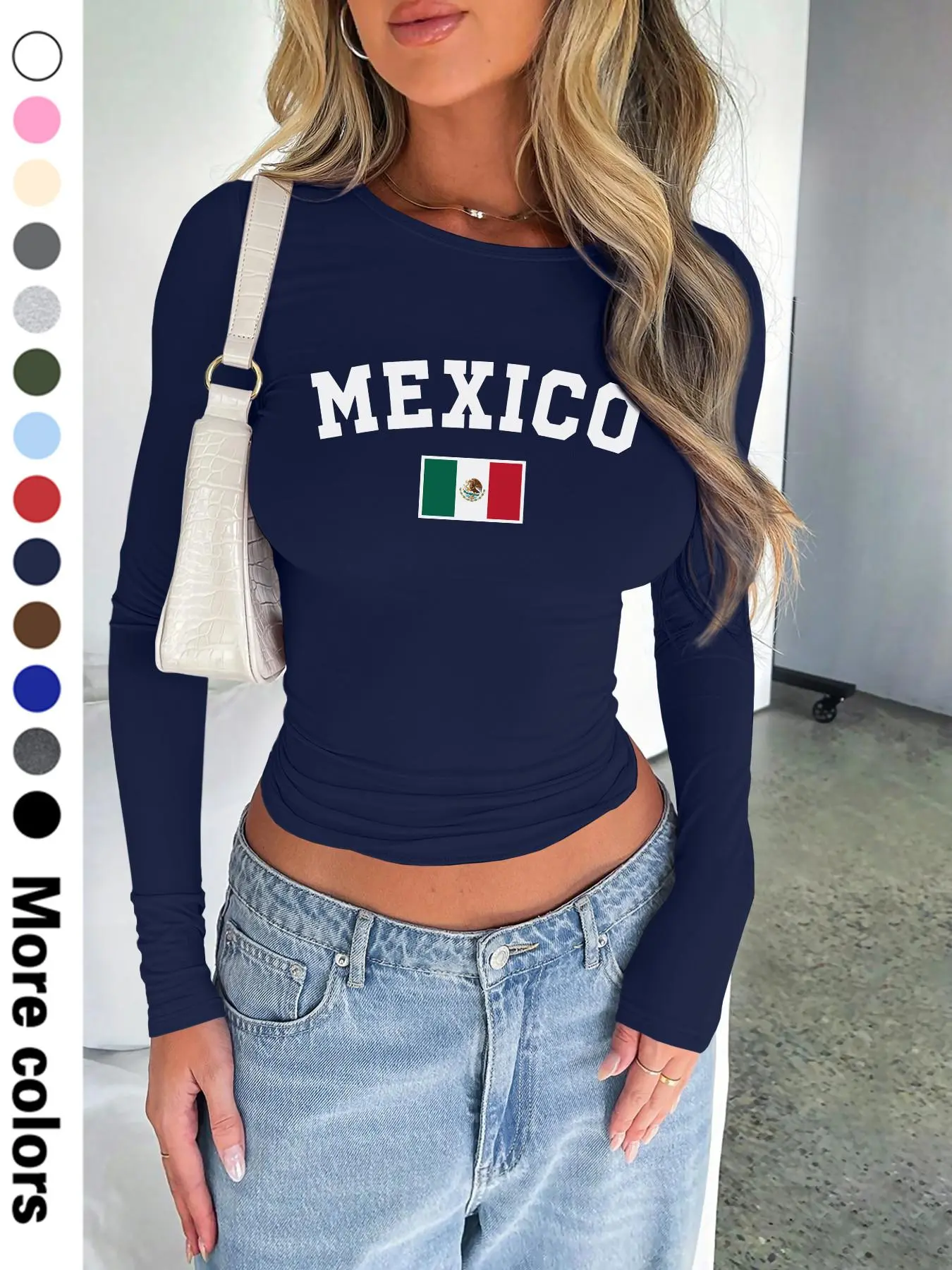Women's Letter & Mexico Flag Print Round Neck Crop Tee Fit, Casual Streetwear Long Sleeve Crew Neck T-shirt for Spring & Fall, Fashion Women's Top for Daily Wear