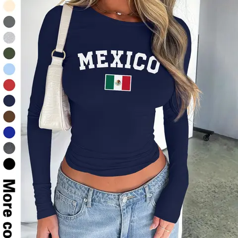 Women's Letter & Mexico Flag Print Round Neck Crop Tee Fit, Casual Streetwear Long Sleeve Crew Neck T-shirt for Spring & Fall, Fashion Women's Top for Daily Wear