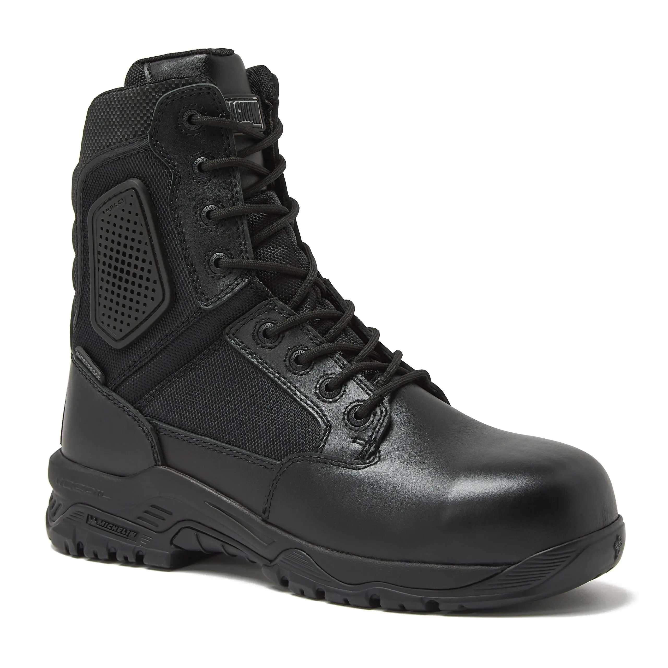 Magnum Strike Force 8 inch Closed Leather Work Footwear - Side Zipper Tactical Shoe for Worker, Composite Toe, Waterproof, Slip-Resistant Michelin Outsole, All-Weather Grip, All-Day Support, Blood Borne Pathogen Protection, Mag-Dry Pro Waterproof Membrane