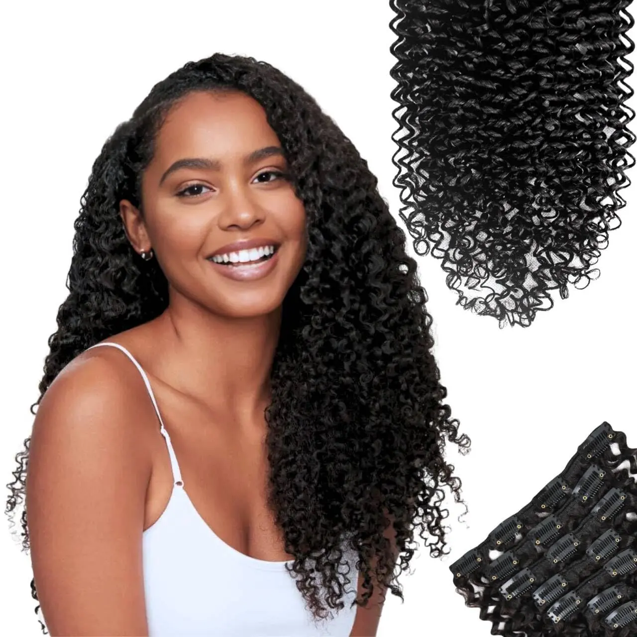 Kinky Curly Clip In Hair Extensions for Women, 3C 4A Brazilian Remy Human Hair, Seamless Double Weft for Volume, 7pcs 120g Natural Black, Curly Hair Extensions