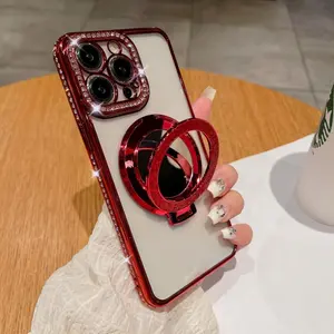 Artificial Rhinestone Mirror Phone Case with Bracket, 1 Count Decorative Phone Protector Cover, Phone Accessories Compatible with iPhone 15 14 13 12 11 Pro Max