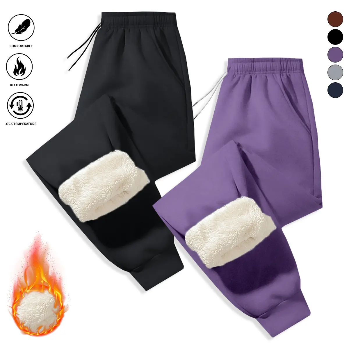 Women’s long pants 2-pack, fleece-lined for warmth, casual athletic pants with elastic waistband and drawstring, pockets included, windproof and warm leisure pants suitable for home and outdoor wear, women’s bottoms season trouser