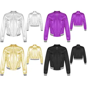 easyforever Kids Boys Girls Metallic Baseball Jacket Short Wetlook Jacket Long Sleeve College Sweatshirt Vintage Disco Outfits Yk Costume For Carnival Halloween Party