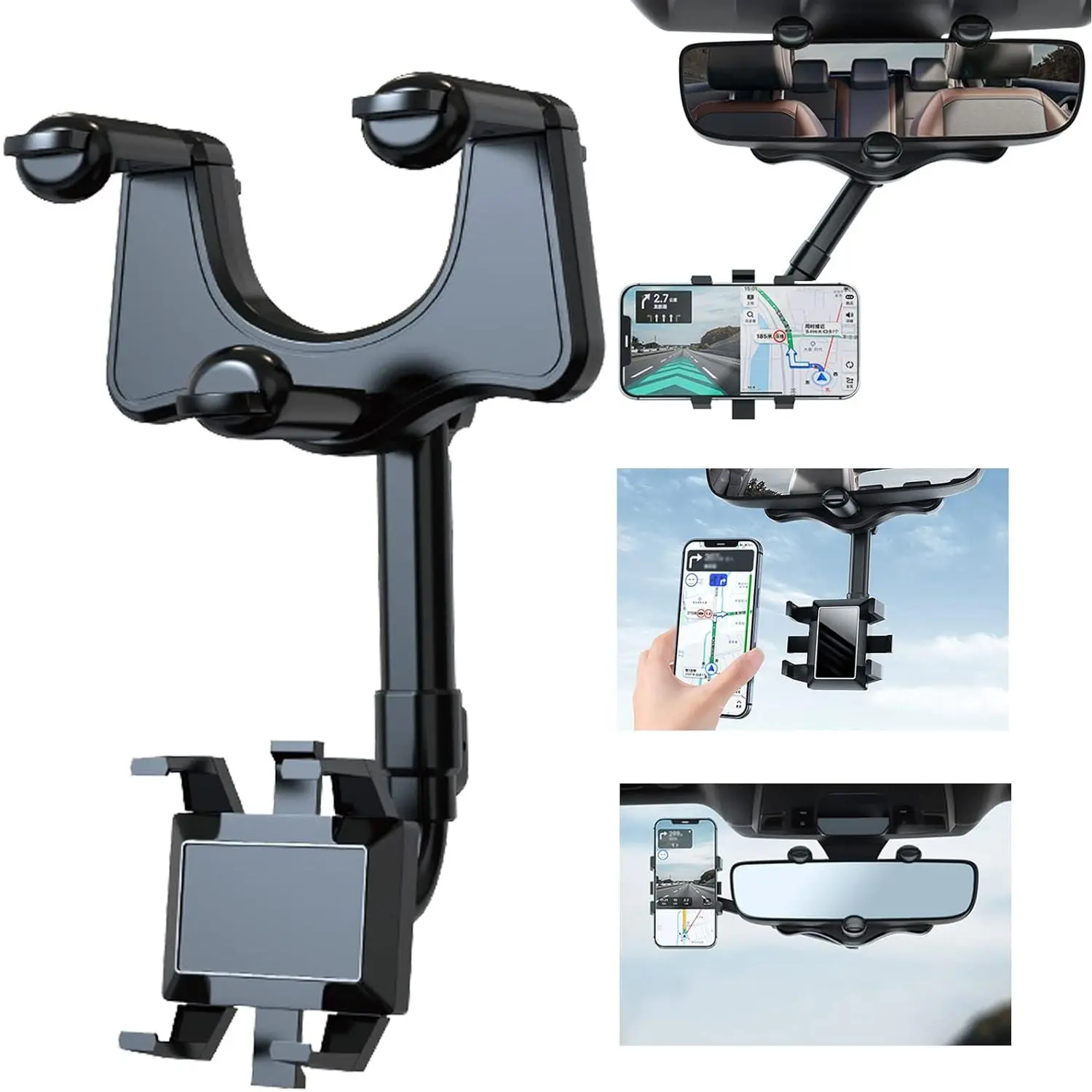 Rotatable and Retractable Car Phone Holder, 360° Rotatable Multifunctional Universal Rearview Mirror Phone Holder for Car, Adjustable Mobile Phone Mount Frame for All Cell Phones
