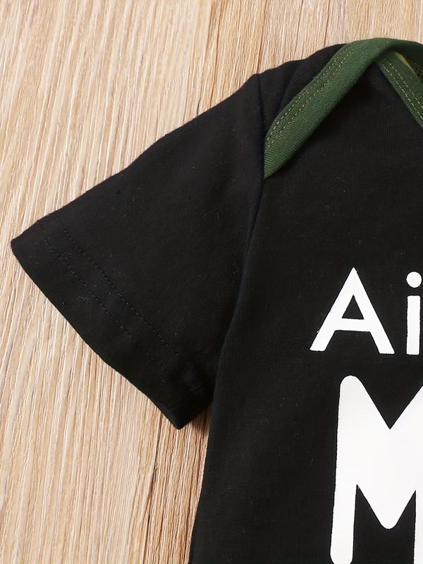 Baby Boys' Letter Print Romper Set, Camouflage Pants & Hat, Cute for Newborns, Comfortable Clothing for Daily Wear, Newborn Gift Set