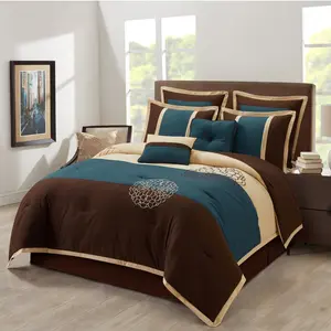 Phoebe Faux Silk 8-Piece Comforter Set, Brown/Blue