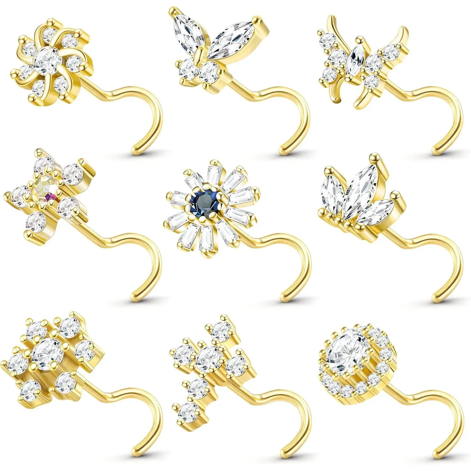 YADOCA Gold Nose Rings Studs for Women 20G Surgical Steel Nose Ring L Shaped Corkscrew Nose Piercing Jewelry Hypoallergenic CZ Butterfly Cross Nose Studs Nostril Piercing Jewelry