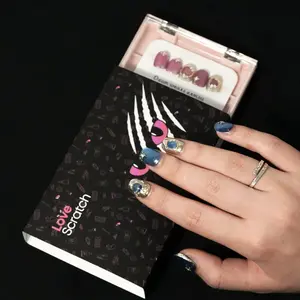 10PCs Blue & Pink Short Shining Handmade Press-on Nails care cutics diy nail Gradient Retro box rhinestone nail art bow charm false nail