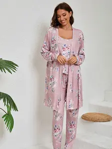 Women's Floral Print Pajama Set, Adjustable Strap Vest Top + Long Pants + Soft Elegant Sleepwear Loungewear, All Seasons Loose Comfortable Fit