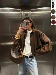 Women's Y2K Vintage Coffee-Colored Faux Leather Jacket, Casual Sporty Oversized Batwing Sleeves Outerwear