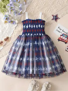 Girls' Independence Day Star Print Ruched Mesh Dress, Wide Shoulder Straps, Cute Summer, Casual Wear for Kids, Summer Clothes Dress, Summer Cute Dresses