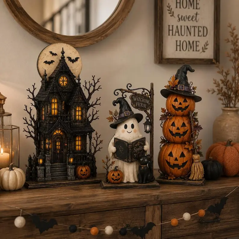 Haunted House Ghost Pumpkin 2D Sign, Wooden Halloween Decor, Vintage Halloween Decor 2026, Spooky Tiered Tray Shelf Table Centerpiece Gift for Fall Home